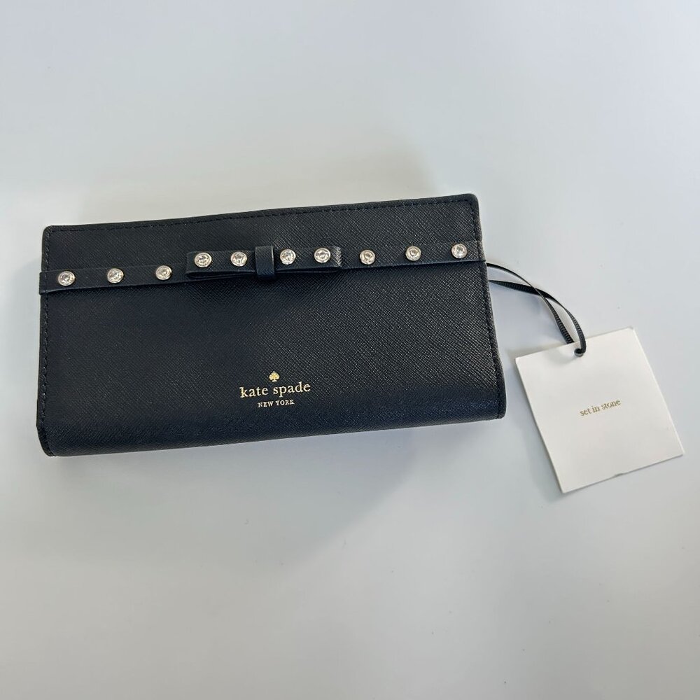 NWT Kate Spade Stacy Laurel Way Black Jeweled Wallet Bow Saffiano Leather - Picture 10 of 10